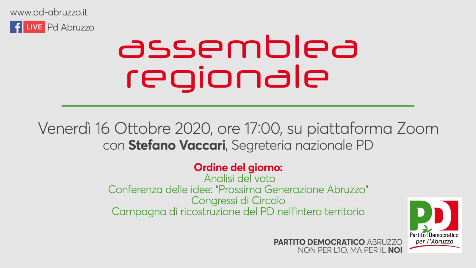 Venerdì 16 ottobre l’Assemblea regionale del pd. Discussione su prossima generazione abruzzo