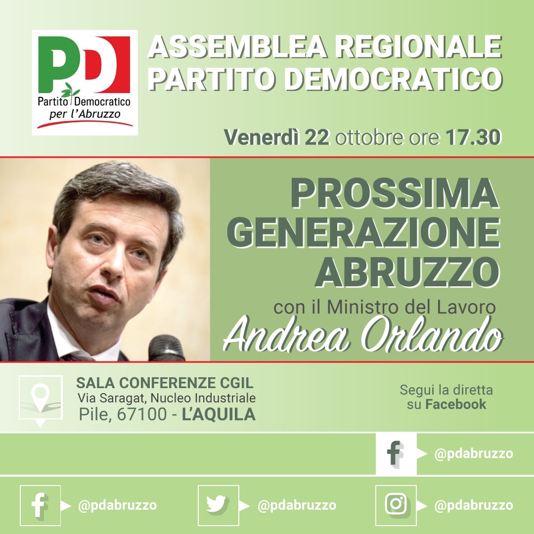 Il 22 ottobre all’Aquila Assemblea del Pd Abruzzo con il ministro Orlando. Il segretario Fina: “Passaggio importante”