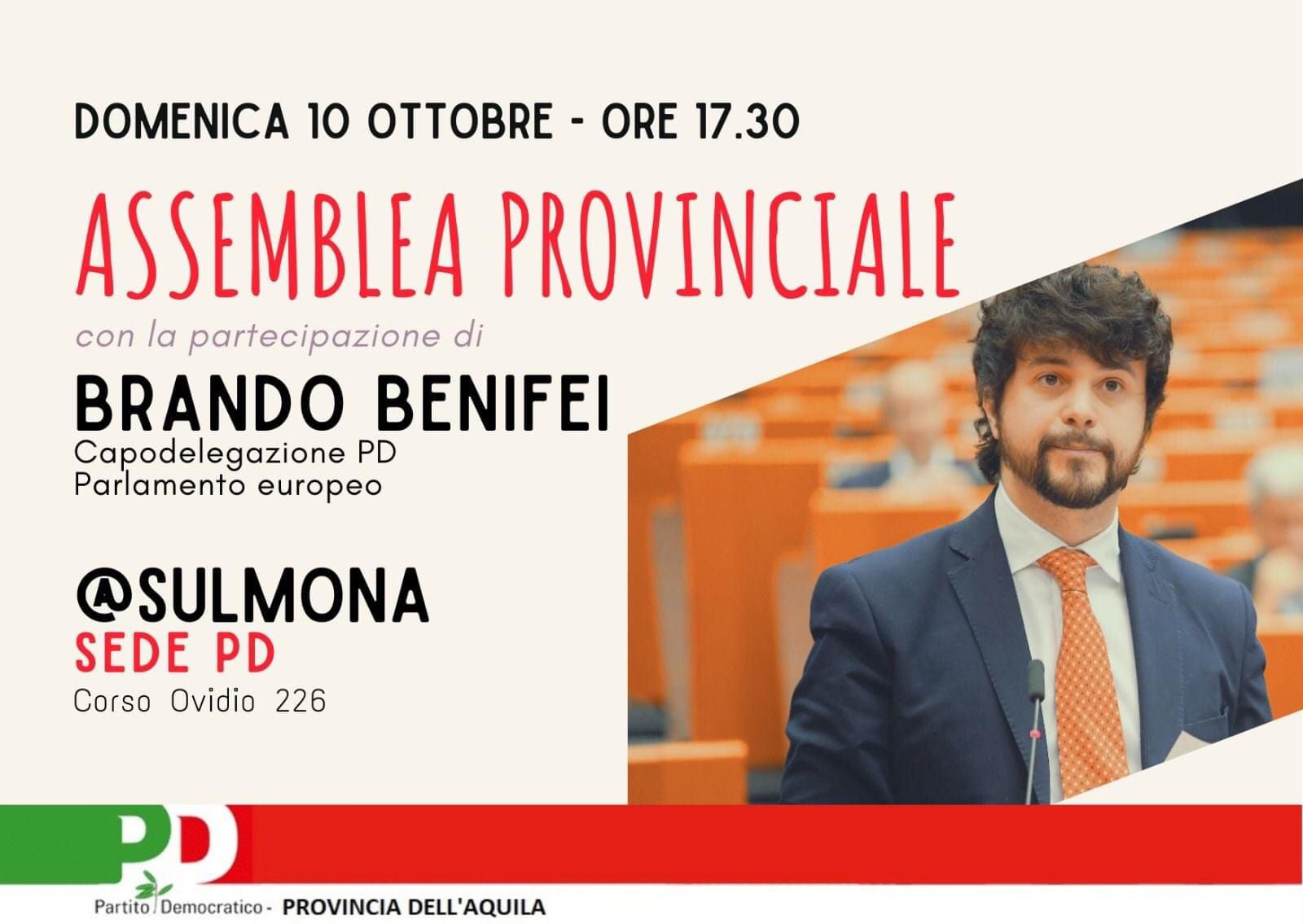 Il 10 ottobre a Sulmona Assemblea del PD provinciale dell’Aquila con Brando Benifei