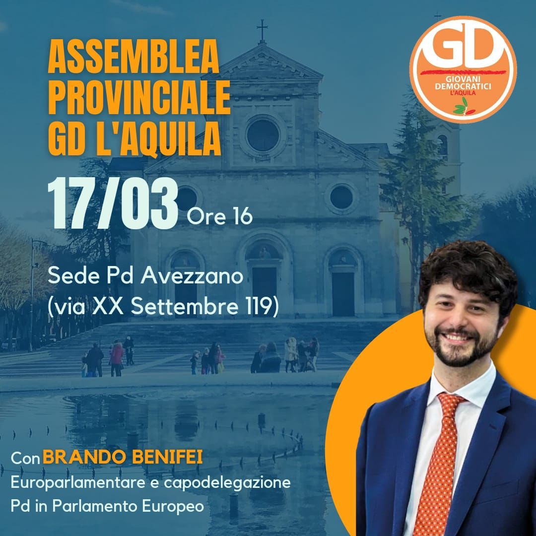 Il 17 marzo l’Assemblea dei Giovani Democratici della provincia dell’Aquila con Brando Benifei