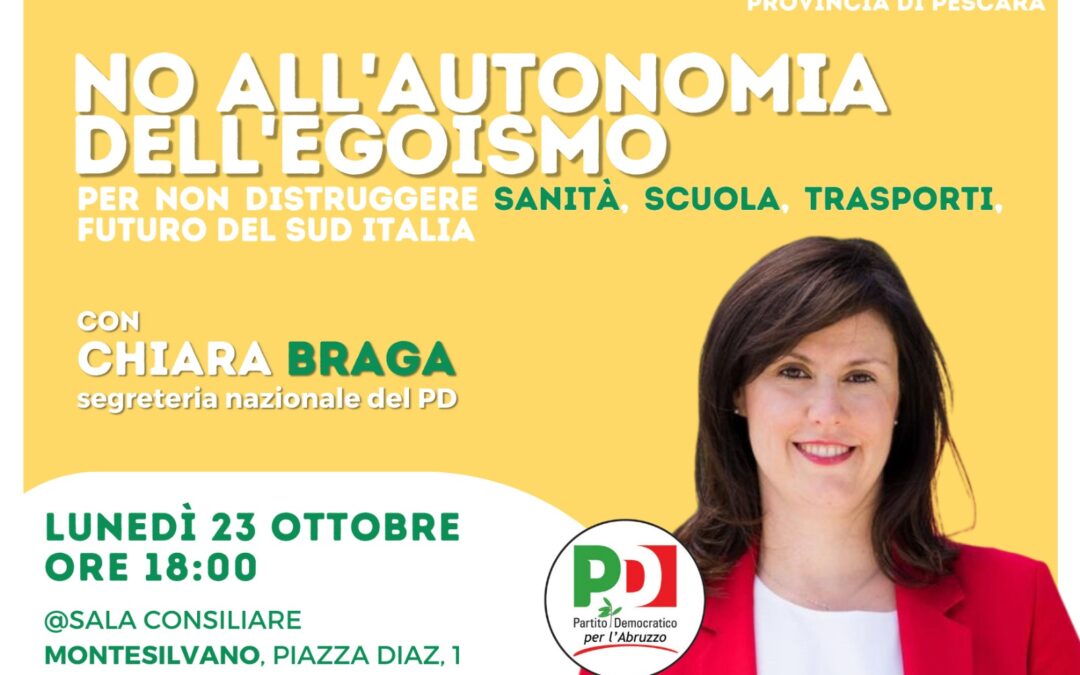 Il 23 ottobre il PD a Montesilvano con Chiara Braga